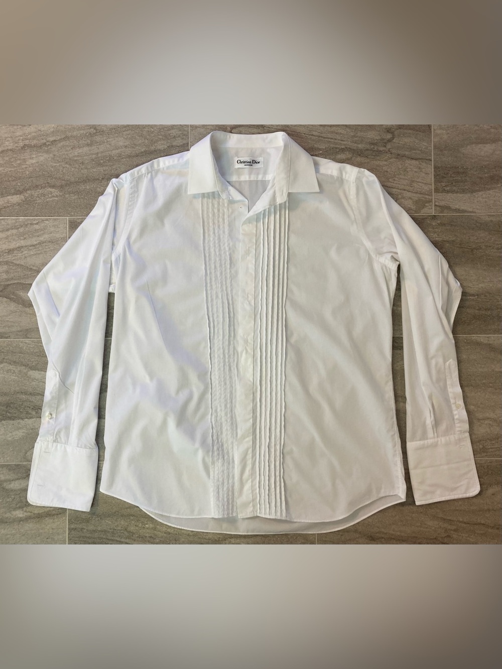 Christian Dior White Pleated Front Men's Tuxedo Dress Shirt White French Cuffs